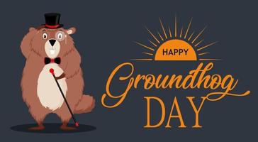 Happy Groundhog Day. Banner with the image of a funny elegant groundhog in a suit. Vector illustration isolated on a dark background.