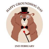 Happy Groundhog Day. Design of a funny and cute groundhog character for the design of banners, websites, fabric prints, stickers, icons. Vector cartoon style.