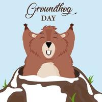 Happy Groundhog Day. Design with a cute groundhog character that pops out of a hole. Vector illustration.