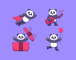 linda ilustración de paquete de dibujos animados de panda. vector