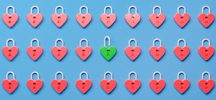 red heart padlocks and a green open one photo