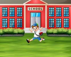 A boy jumping in front the school building vector