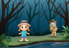 The explorer boy with a little girl at dry forest vector