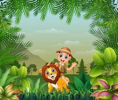 Jungle or zoo background with zookeeper and lion vector