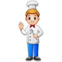 Young chef man in uniform holding a spoon isolated on white background vector