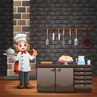 Chef holding a silver plate of food in the kitchen vector