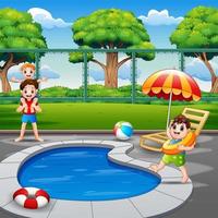 Happy boys enjoying playing in outdoor pool vector