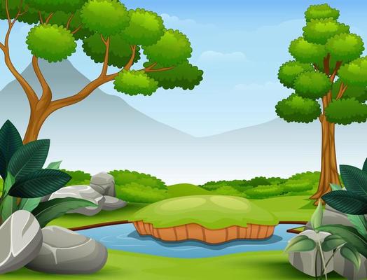 Background scene with mountain and pond