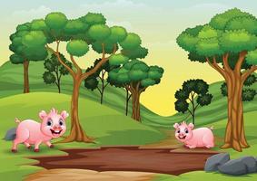 Happy smiling pigs are playing in the mud vector