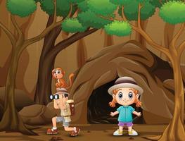 Boy using binoculars with a little girl in front the cave vector