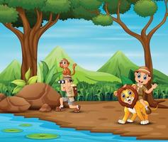 The explorer man with animals in the forest vector