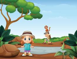 Boy using binoculars with a little girl in the nature vector