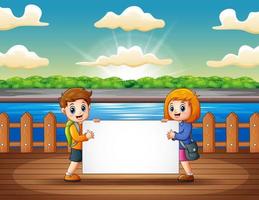 Children holding blank sign at the wooden pier vector