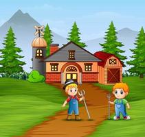 Farmers working in the farmhouse background vector