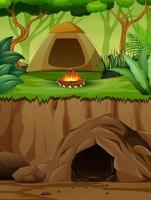 A tent with campfire above an underground cave vector