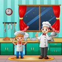 un chef con su hijo cocinando en la cocina vector