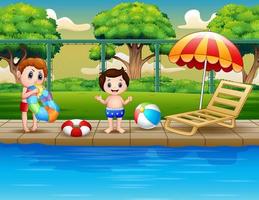 chicos felices disfrutando jugando en la piscina al aire libre vector