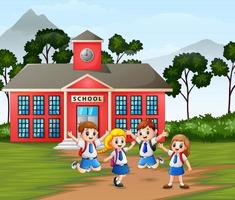 Happy children with backpack on school building background vector