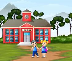 Children walking in front of the school building vector