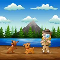 el niño explorador con sus mascotas en la naturaleza vector