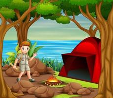 Scout boy camping out in the nature background vector