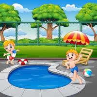 Two boys running on pool edge in backyard vector