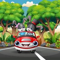 pareja de dibujos animados de conejo conduciendo un coche por el bosque vector