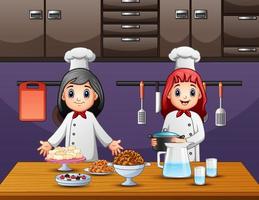 Two women chef preparing food in the kitchen vector