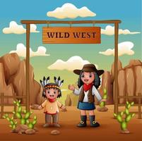 Wild west with young african cowgirls and indian girl vector