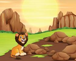 Scary lion in the nature at sunset background vector