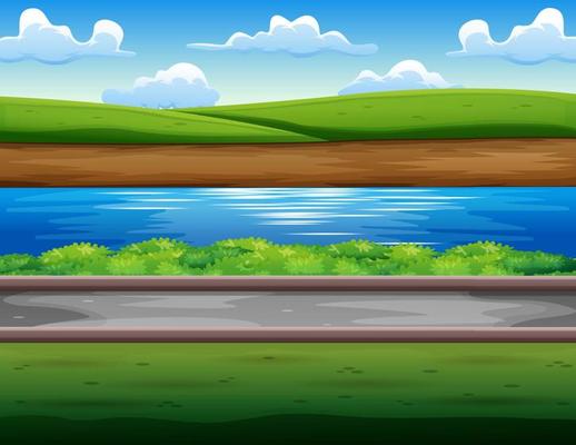 Green field in the riverside illustration