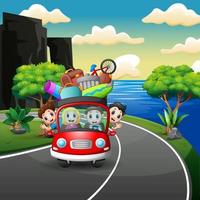 Happy family rides in car on the vacation vector