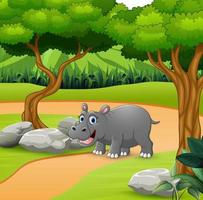 Hippo cartoon walking on the road vector