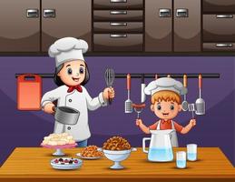 A boy helping his mom cooking in the kitchen vector