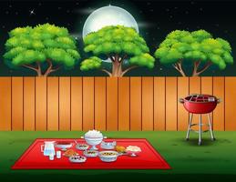 Barbecue party on backyard in the night scene vector