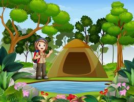 Scout girl on outdoor with tent and backpack vector