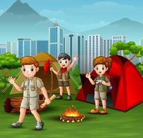 Happy young scout with camping backpacks in city park vector