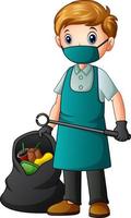 A male cleaner holding tongs and garbage bag vector