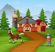 Farmer with farm animals on the farmhouse background vector