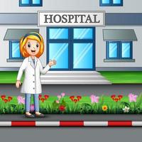 A nurse standing in front of hospital building vector