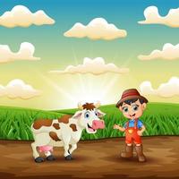 joven agricultor con su vaca en el campo vector