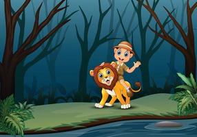 Happy zookeeper boy and lion in a forest vector