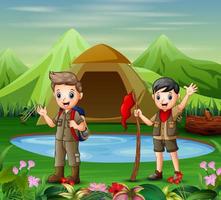 Two boys in camping uniform exploring a nature vector