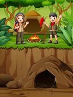 Young scout in the camping zone scene vector