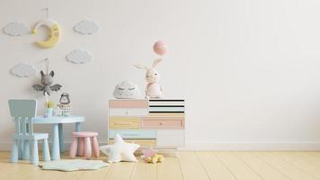 Mock up wall in the children's room with kid table set in light white color wall background. photo