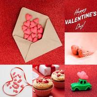 Hearts, couple of birds, flowers, cupcakes on a red background. Valentine's day collage photo