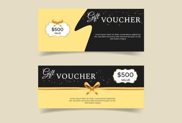 Vector set of luxury gift vouchers with ribbons and gift box. Elegant template for a festive gift card, coupon and certificate. Discount Coupon Template