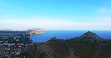 Aerial view of the streets of the city and the Genoese fortress. Sudak, Crimea