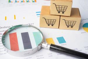 Shopping cart logo on box with magnifying glass on graph background. Banking Account, Investment Analytic research data economy, trading, Business import export transportation online company concept. photo