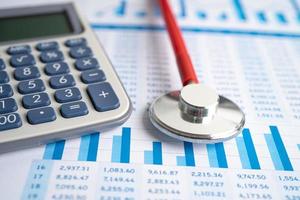 Stethoscope and calculator on charts and graphs paper, Finance, Account, Statistics, Investment, Analytic research data economy and Business company concept. photo